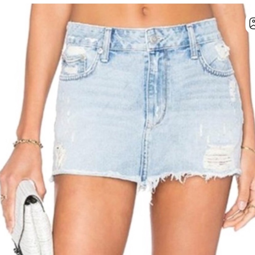 Lovers + Friends Alex Denim Mini Skirt in Harper light wash blue distressed 27